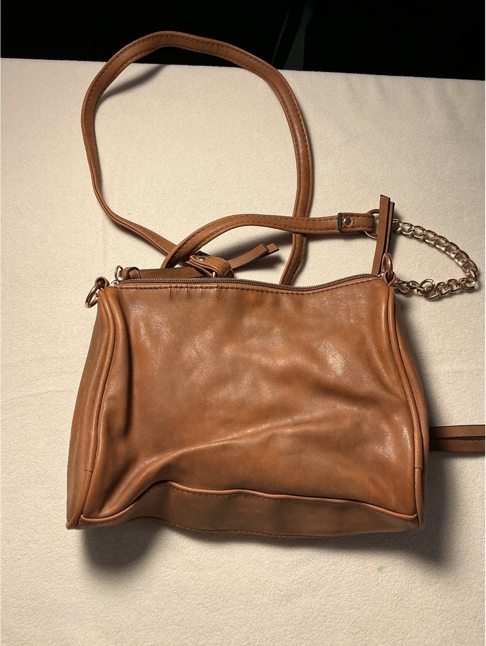 Brown faux leather crossbody shoulder bag with chain accent